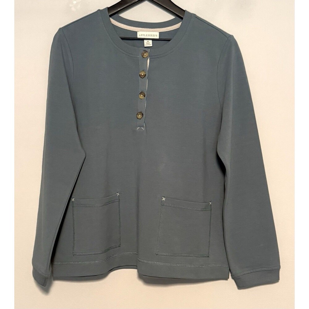 Appleseed's Cotton Henley Blouse Medium Long Sleeve Sage Crew Neck Pockets
